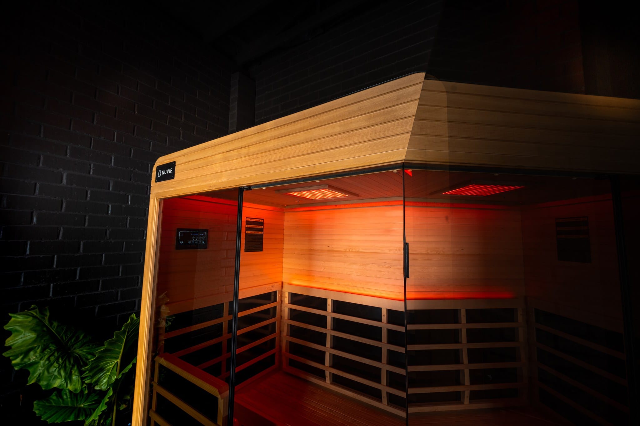 Infrared cabin glowing amber against black brick, with ferns at its base