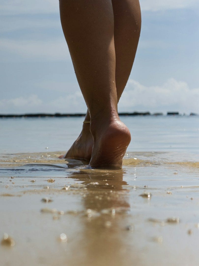 A figure walking a wide shoreline under a pale sky
